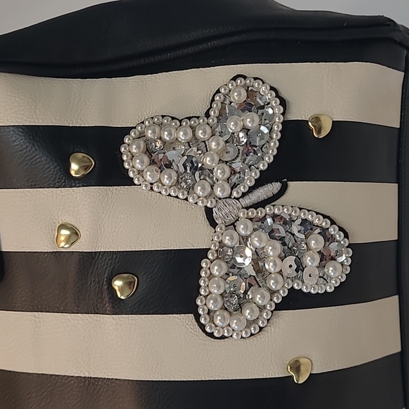 Betsey Johnson Black & White Striped Shoulder Bag with Pearl/Sequin Butterfly - Picture 2 of 15